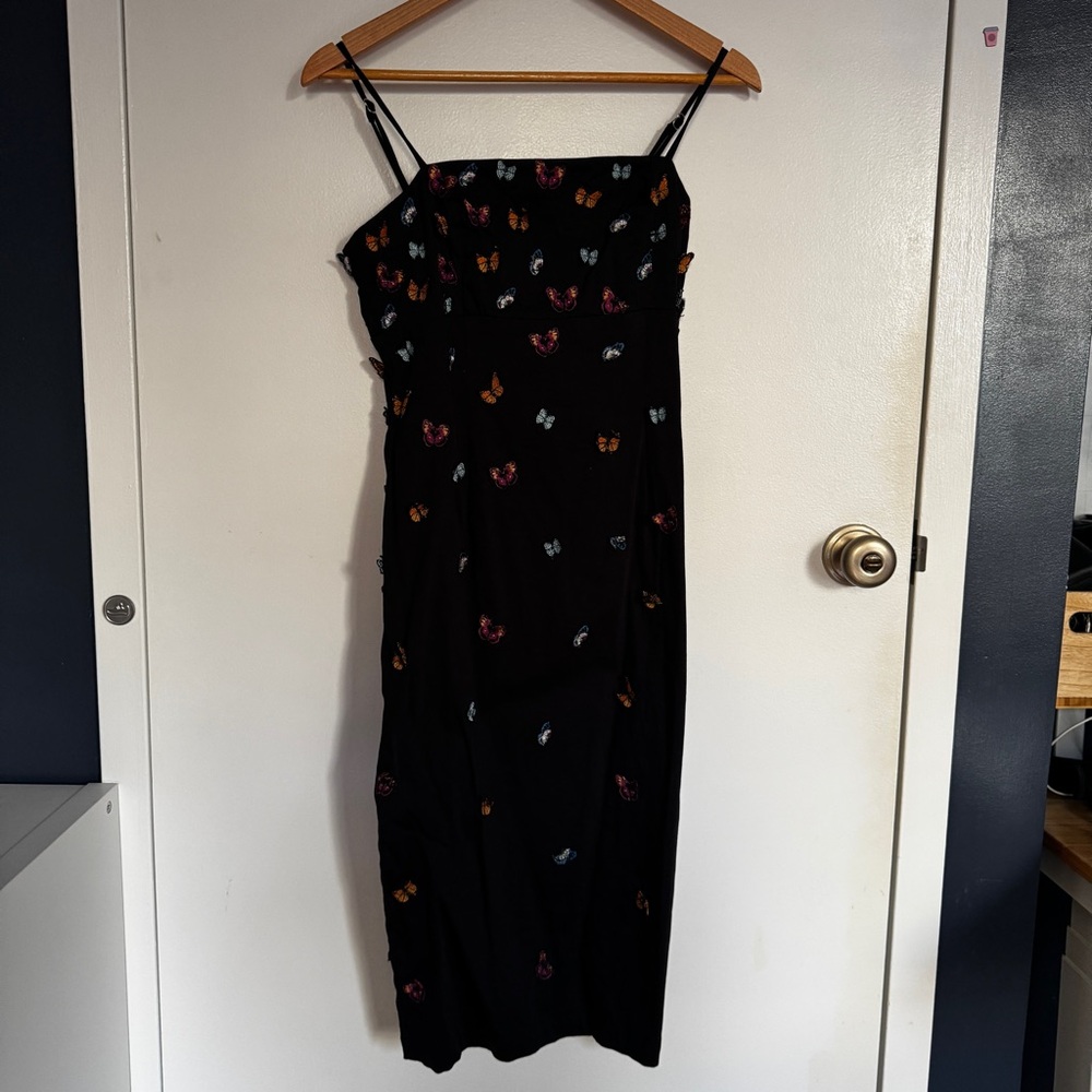 THE BRYNNE 3D SPAGHETTI-STRAP MIDI DRESS BY MAEVE: BUTTERFLY-EMBELLISHED EDITION
